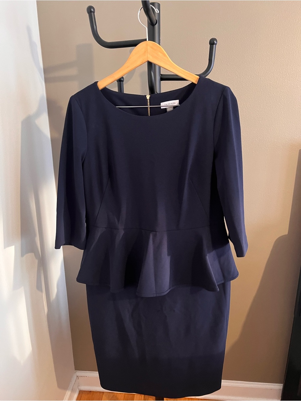 U.S. Size 14 - Calvin Klein Navy Peplum Sheath Dress with Three-Quarter Sleeves